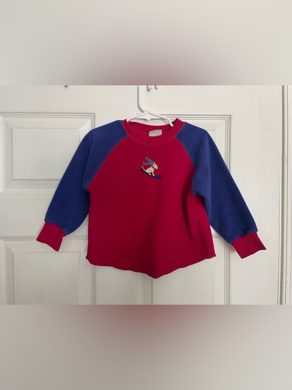 L.L. Bean Toddler 3T Red Fleece Pullover with Blue Raglan Sleeves and Skiing Dog
